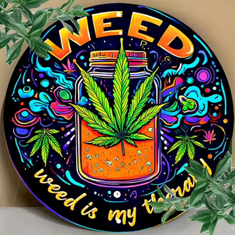 1 علامة قصدير معدنية من الألومنيوم مخدر ، علامة ألومنيوم مستديرة على شكل قنب ، علامة ألومنيوم مستديرة ملونة-فن جدار معدني مريح #5