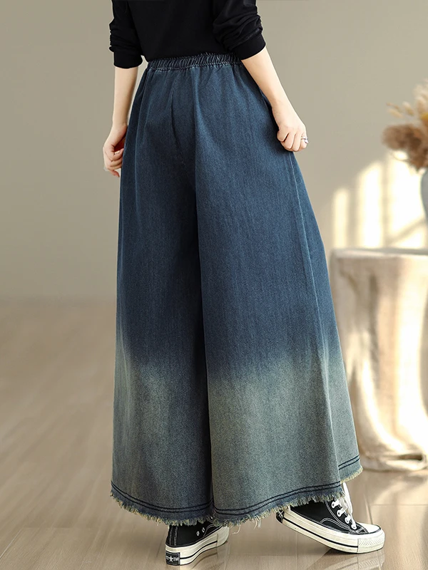 بنطال جينز Waed Adual Color Frayed Design واسع الساق بخصر عالٍ من مزيج القطن والبوليستر للنساء بمقاسات كبيرة