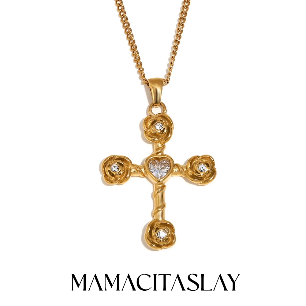 MamacitaSlay  Vintage Rose Clear AAA Zircon Heart Cross Pendant Women's stainless steel necklace Gold Plated jewelry women