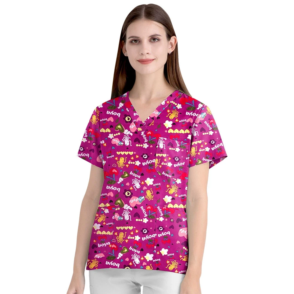 

100% Cotton Cute Cartoon Printed Medical Scrubs Tops V-neck Dental Clinic Children Hospital Enfermería Surgical Gown Workwear