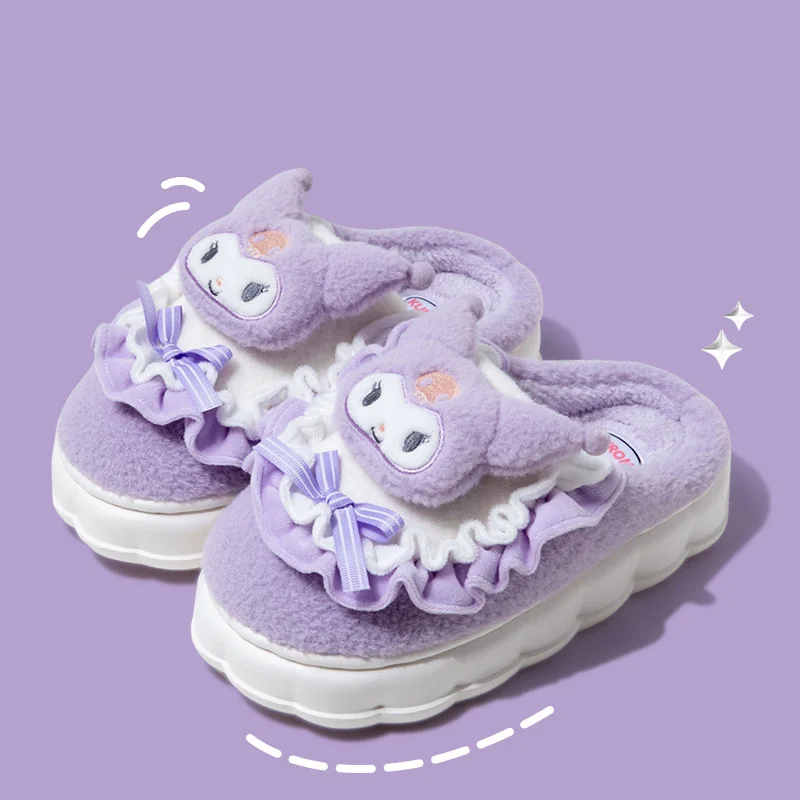 Kawaii Sanrio Hello Kitty Kuromi My Melody Cinnamoroll damskie kapcie bawełniane zimowe domowe okrągłe Toe Casual płaskie ciepłe kapcie