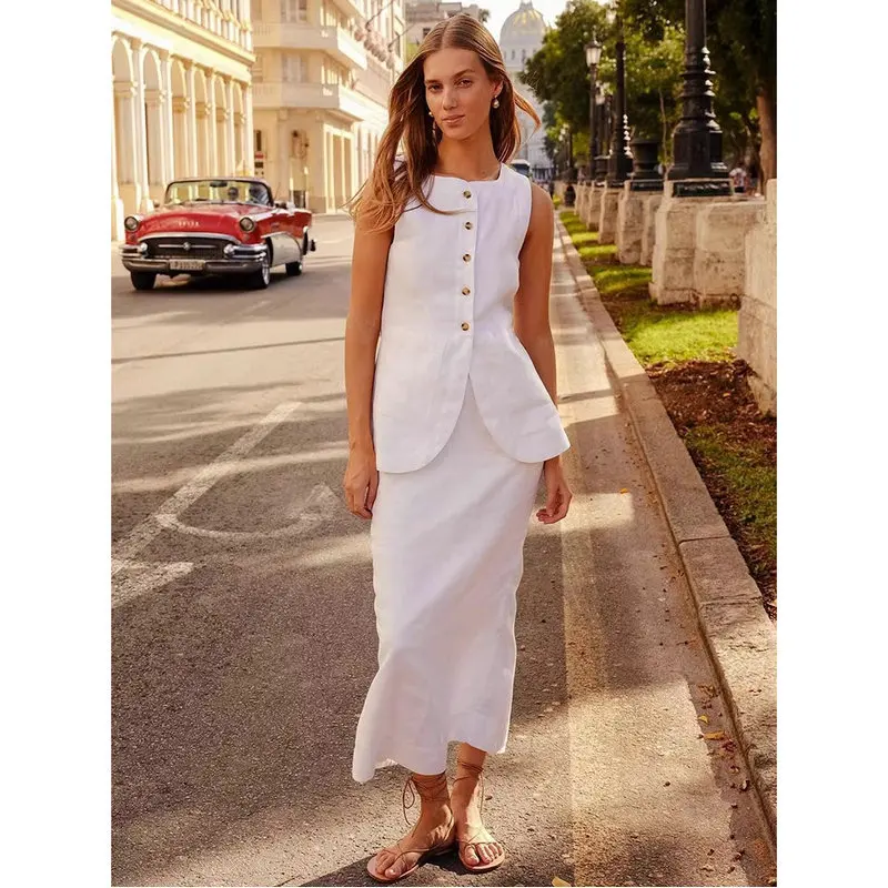 Chic Cotton Linen Long Skirt Set Women 2024 Sleeveless Single Breasted Vest Top Back Split Maxi Skirts Lady 2 Piece Suits Outfit