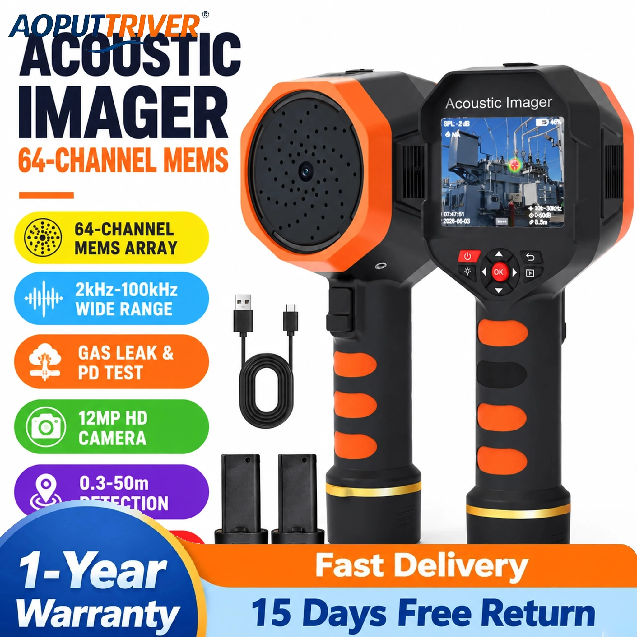 Handheld Acoustic Imager 64-MEMS Gas Leak Detector for Industrial Maintenance, Compressed Air & Electrical Inspection with WiFi