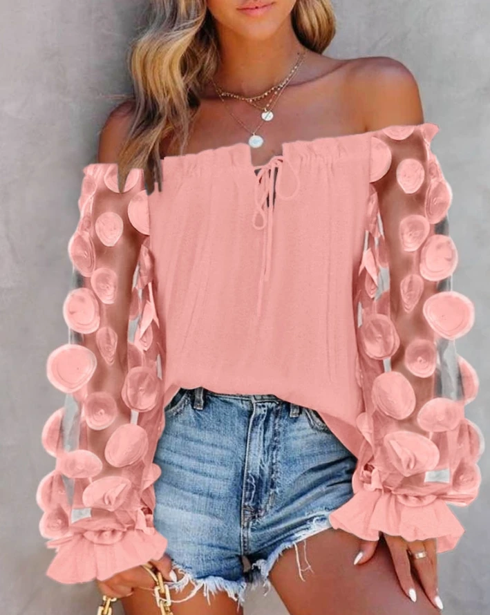 

Pretty Girl Sexy Flower Pattern Long Sleeved Thin Gauze Mesh Fringe Hem T-Shirt Clothes In Stock