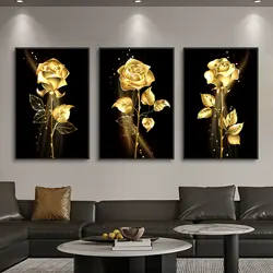 3pcs Gold Rose Flower Black Canvas Paintings Nordic Modern Living Room Wall Art Decorative Pictures Wall Artwork Posters Prints