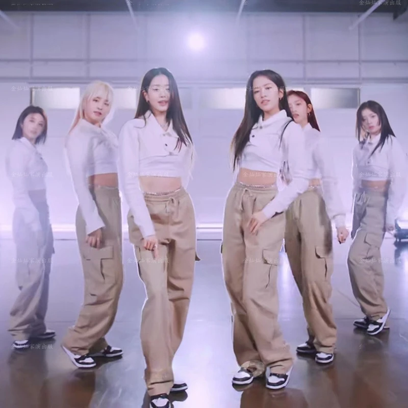 Kpop Korean Concert Outfits Hip Hop Long Sleeve Tshirt Crop Top Loose Pants Rave Wear Stage Performance Costume Dancer Outfit