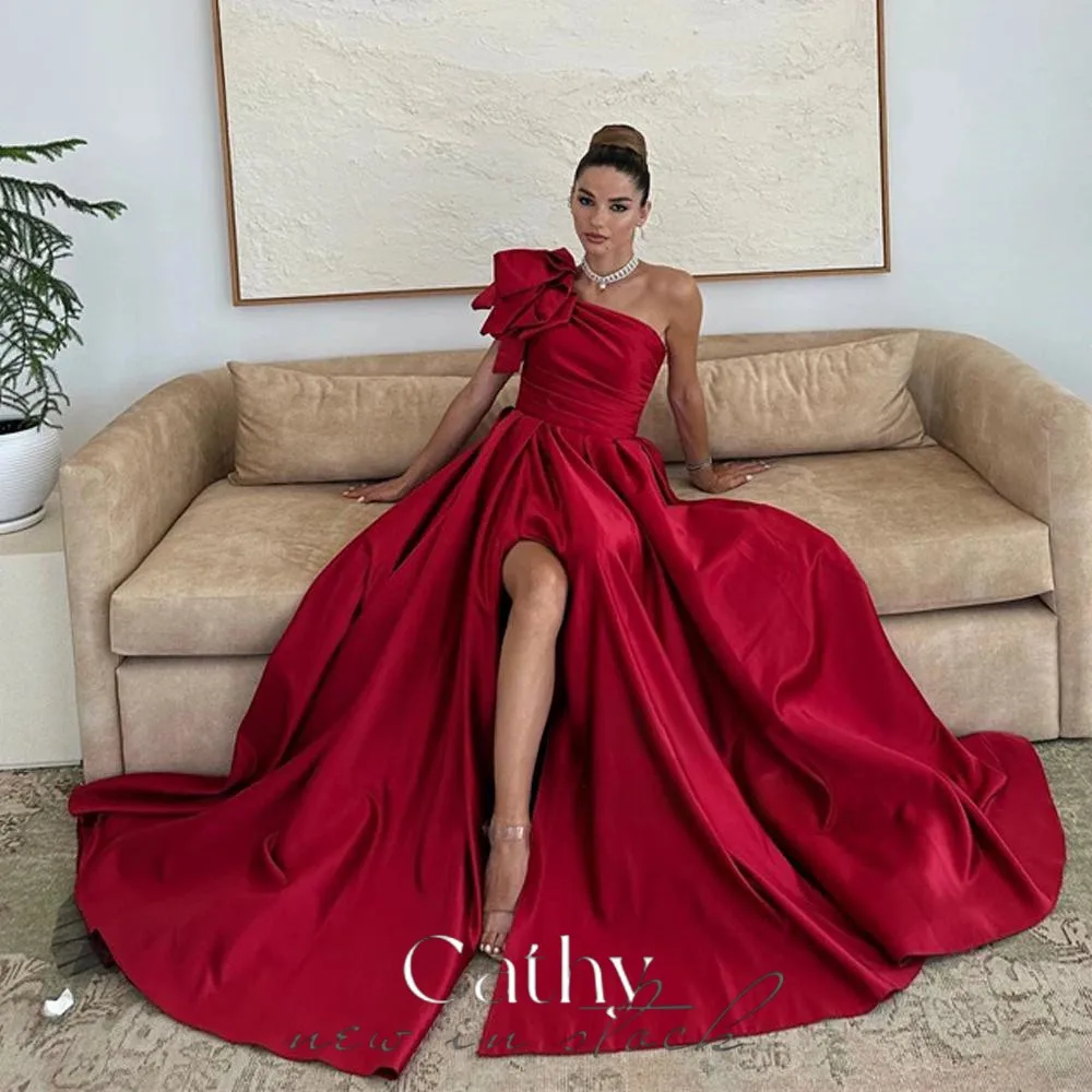 

Cathy Burgundy One Shoulder فساتين سهره فاخره Elegant Sleeveless Satin Prom Dresses Floor-Length Court Train Vestidos De Noche