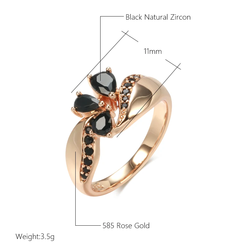 Kinel Hot Black Natural Zircon Ring for Women Fashion 585 Rose Gold Color Crystal Flower Bride Ring Daily Fine Vintage Jewelry