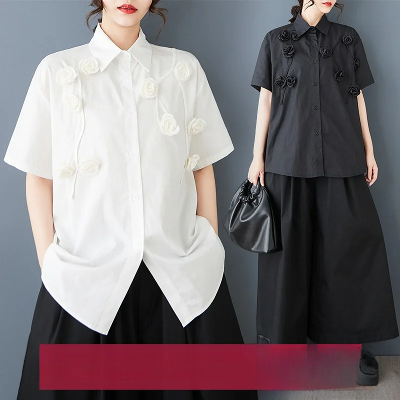 

Spring Summer Loose Large Size Patchwork Casual Commute Sweet Short Sleeve Shirt Pure Color Women's plus Size Bamboo Cotton B...