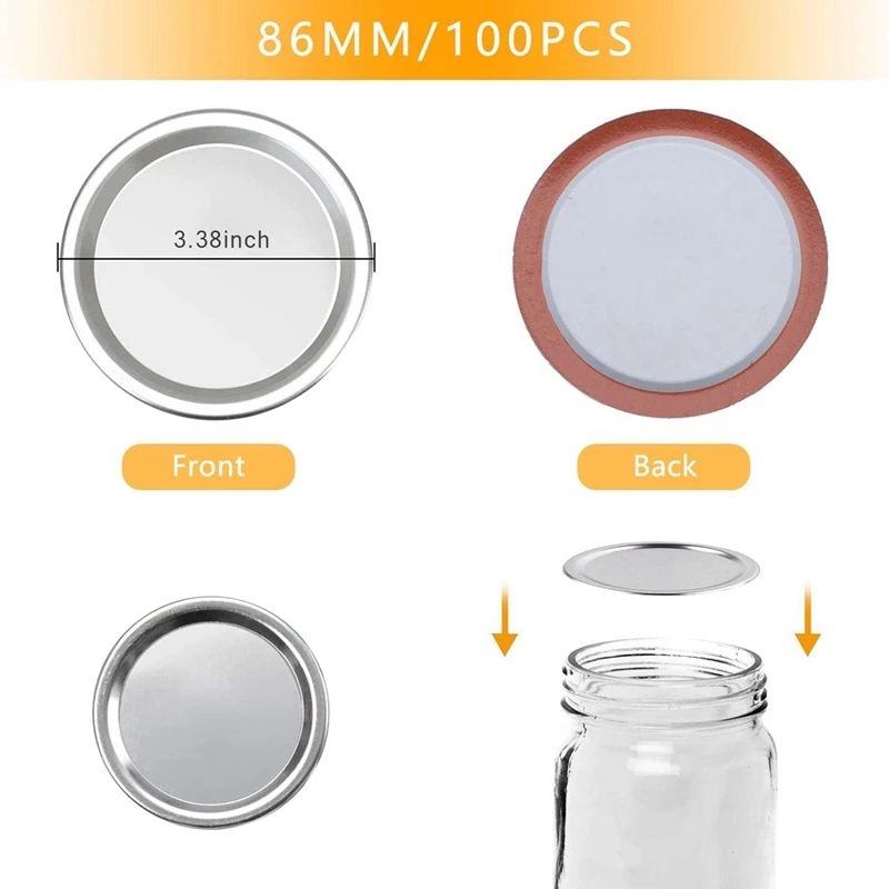 300 Pcs Wide Mouth 86 MM Jar Canning Lids, Reusable Leak Proof Split-Type Silver Lids With Silicone Seals Rings