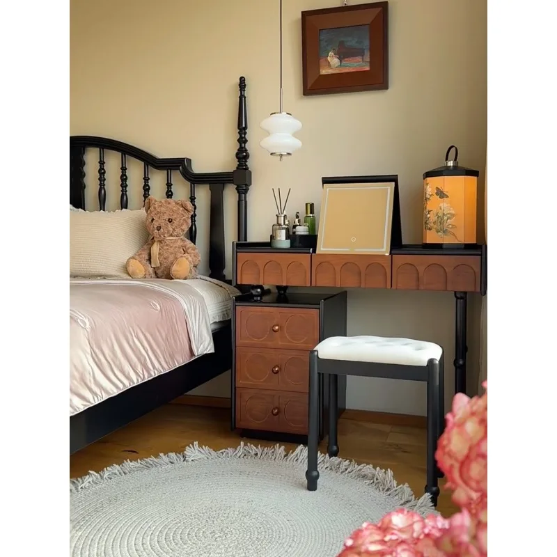 French duplex solid wood bedroom dresser chest integrated bedside table desk medieval retractable storage makeup table