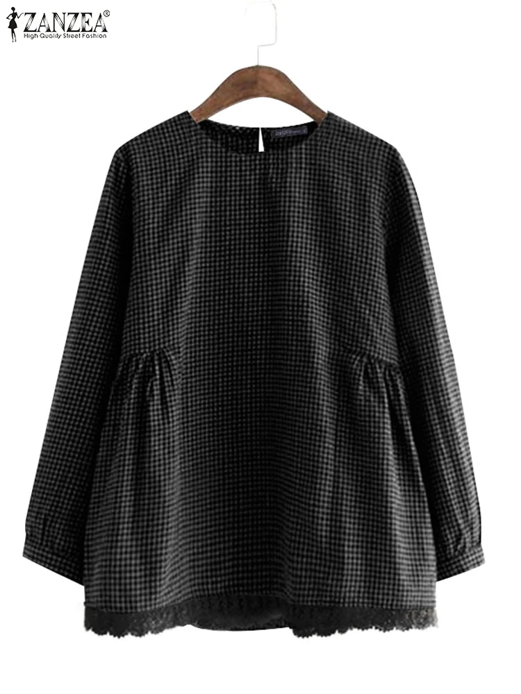 ZANZEA Women Casual Plaid Blouse Korean Lace Patchwork Tops Shirt 2024 Autumn Loose Long Sleeve Tunic Harajuku Round Neck Blusas