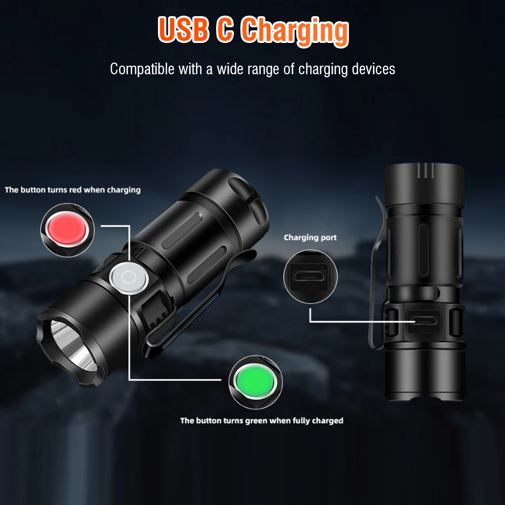 BORUiT Super Bright EDC LED Flashlight USB Rechargeable 600LM Torch Waterproof Pen Clip Emergency Camping Lantern