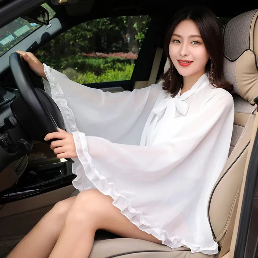 Womens Chiffon Shawl Flower Printed Cardigan Women Tops Chiffon Blouse Summer Sunscreen Cape Coats Femal Casual Ponchos