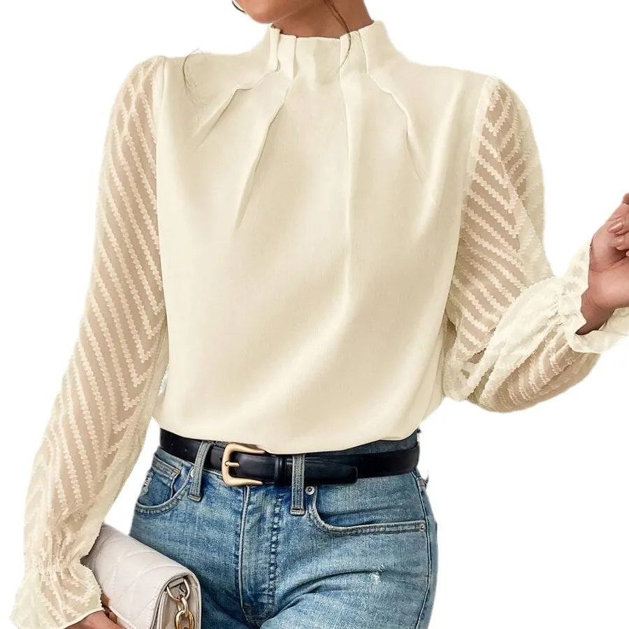 Semitransparent Top Asymmetrical Mockneck Patchwork Top Pleated Drapery Sleeve Top Insulated Wintertime Luxurious Blouse