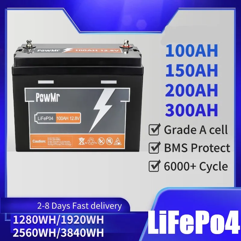 LiFePO4 12.8V 100Ah 150AH 200AH 300AH Lithium Battery Grade A 6000+ Cycles BMS Waterproof Golf Boat Solar LiFePO4 Battery NO TAX