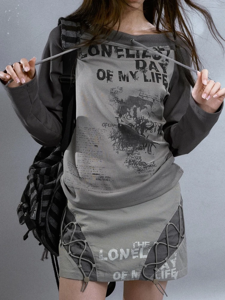 Graphic Print Long Sleeve Tees Gothic Grunge Gray Off Shoulder T Shirts Women Harajuku Vintage Y2K Tops Kpop Aesthetic