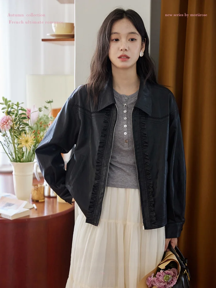 Jaqueta Feminina Moriirose Bla de Couro PU com Lapela, Estilo Vintage Solto com Bordado Especial, Casaco Curto para o Outono e Deslocamento Diário