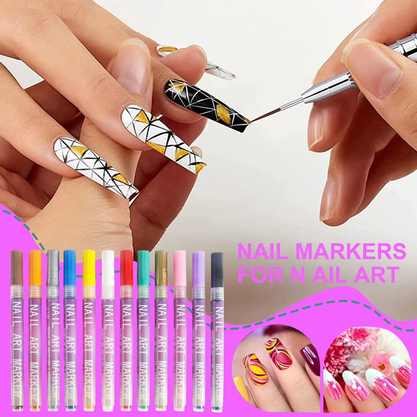

Nail Markers 12 Colors Quick Dry Manicure Art Painting Kit Fine Tip Graffiti Dotting Nail Drawing Acrylic Pen for Women Girls
