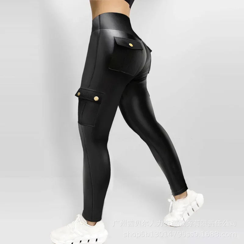 Women Leggings Pants Pu Pant Sexy Solid Sheath Slim Fit Tight High Waist Pockets Zipper Elegant Splice Autumn Pencil Trousers