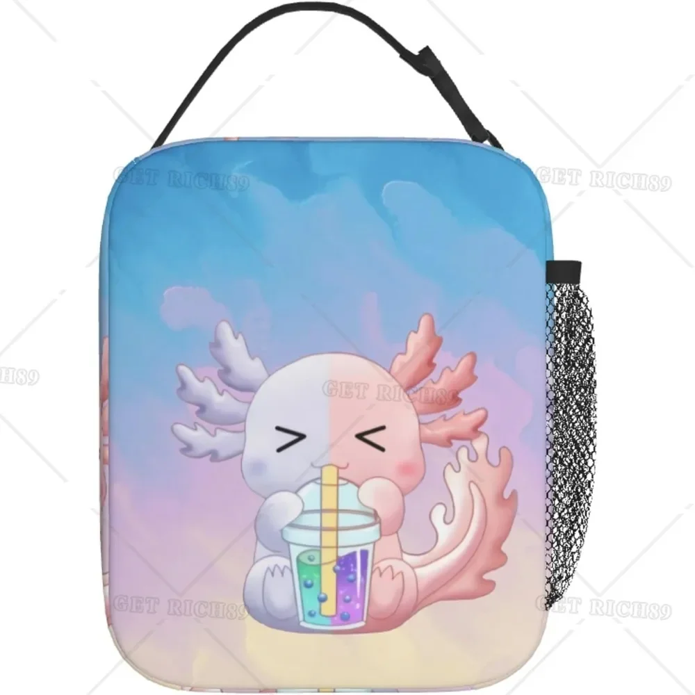 Cute Axolotl Drinking Drinks Print Reusable Lunch Bag Insulated Tote Bag for Women Men Kids Lunch Box for Camping Work School