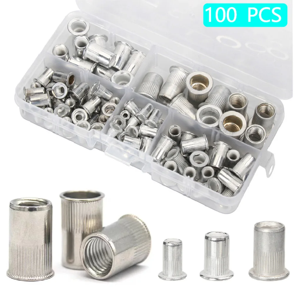 100PCS Boxed 304 Stainless Steel Flat Head Vertical Pattern Rivet Nut Ram Nail M3-M8