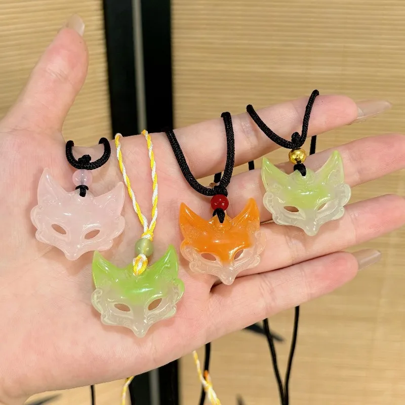 New Natural Real Jade Agate Fox Mask Pendant Necklace Fashion Accessories Gemstones Chinese Talismans Carved Jewelry Amulet Gift