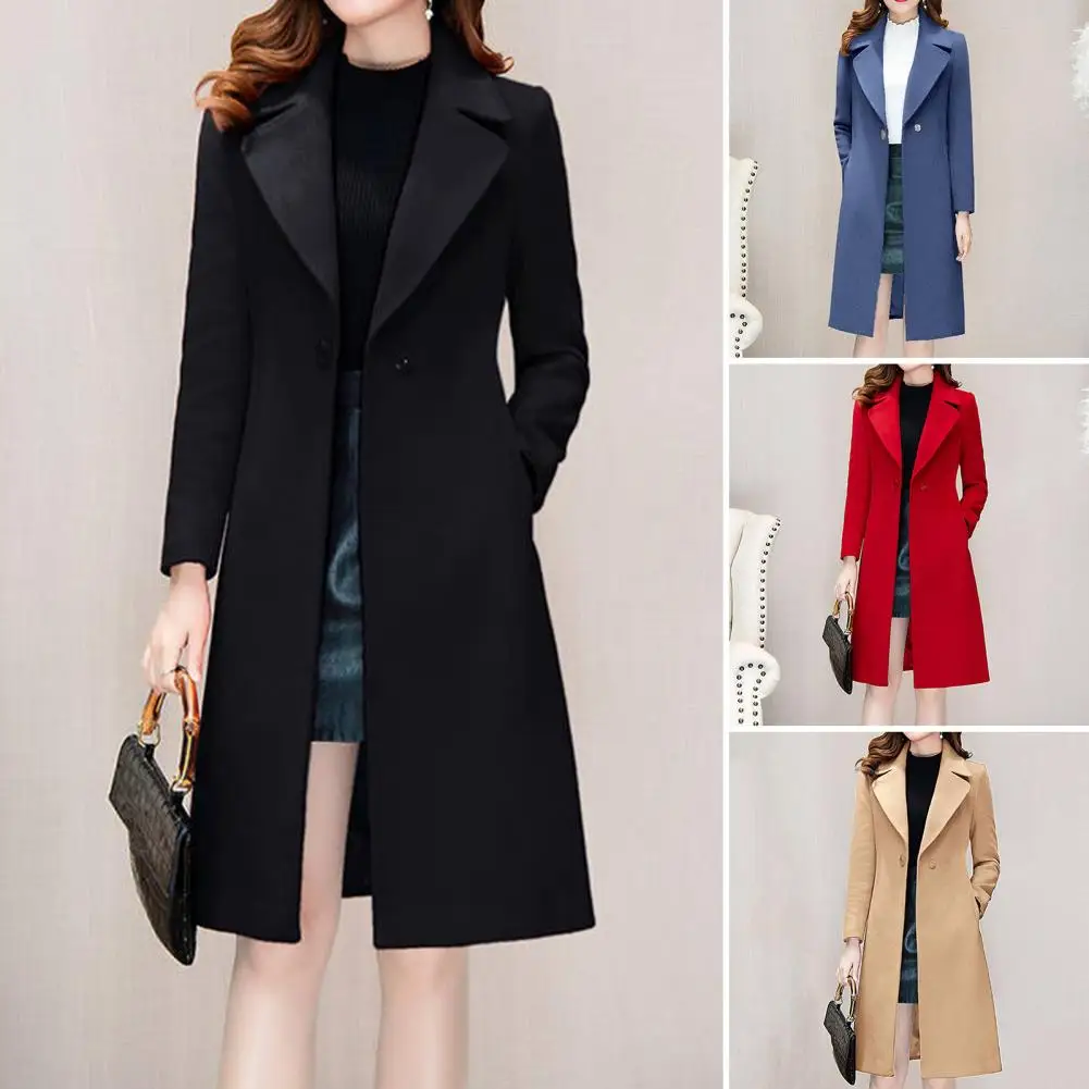 Nieuwe In Winter Vrouwen Wollen Jas Effen Kleur Pak Kraag Jas Slim Fit Mid-Lengte Trenchcoat Jas