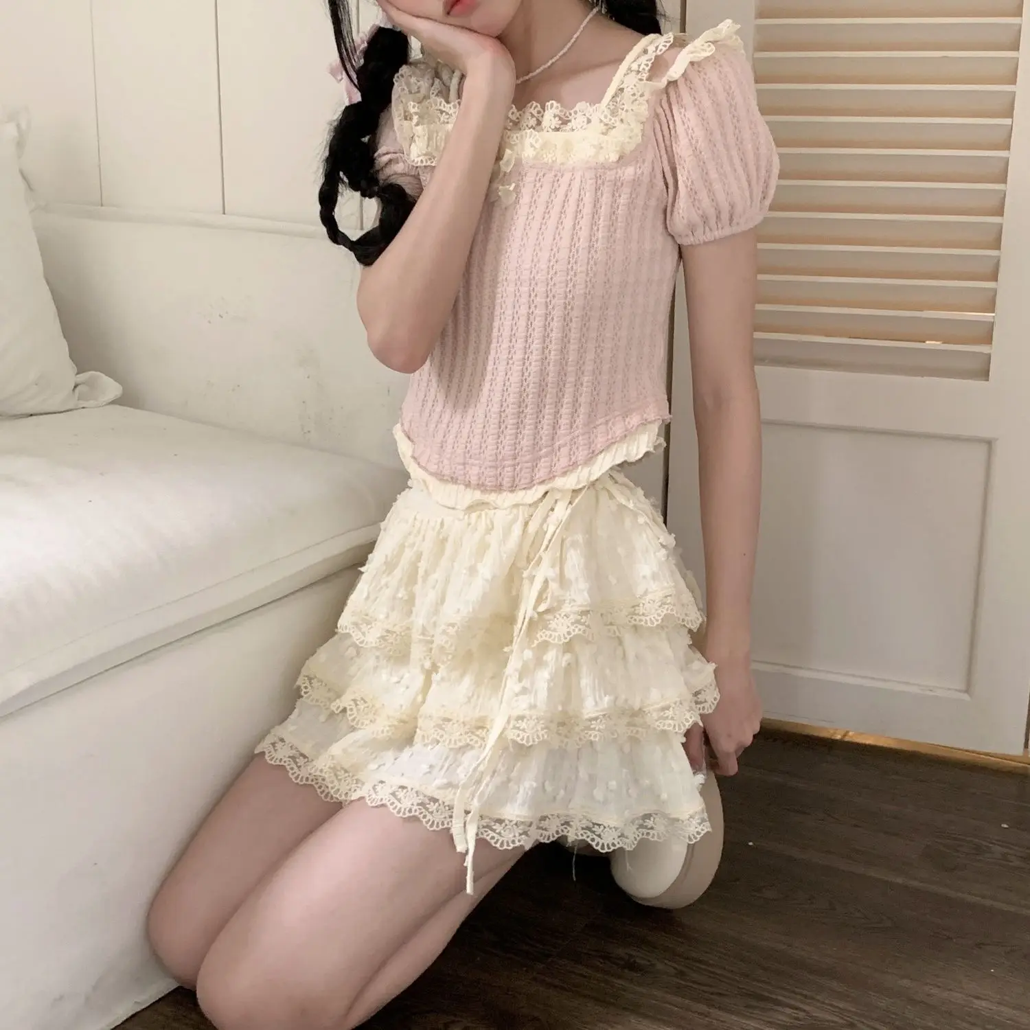 Mini Skirts Women Sweet Kawaii Lace Ruffles Patchwork Y2k Beige Japanese Lolita Streetwear All-match Party Students Summer Chic