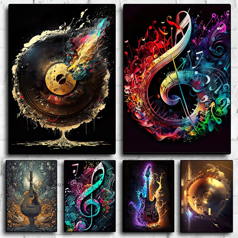 Colorful Symphony Guitar Canvas Painting Musical Inspiration Poster Print Wall Art for Living Room Home Decor Frameless Gifts