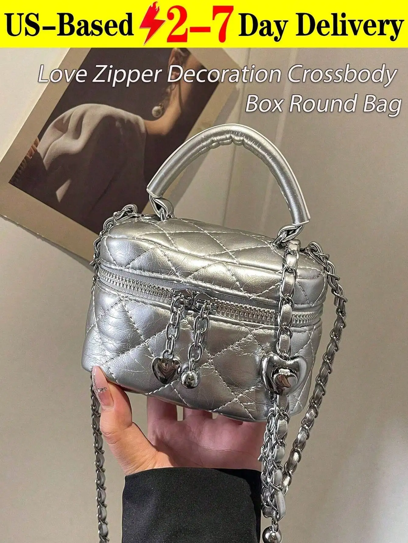 

[US-Based Shipping]New Fashion Classic Versatile PU Waterproof Fabric, Quilted Women's Handbag, Lightweight And Portable Zipper Opening And Closing Design Love Zipper Decoration Crossbody Box Round Bag,Fashion Solid Color Embroidered Rhombic Crossbody Bag
