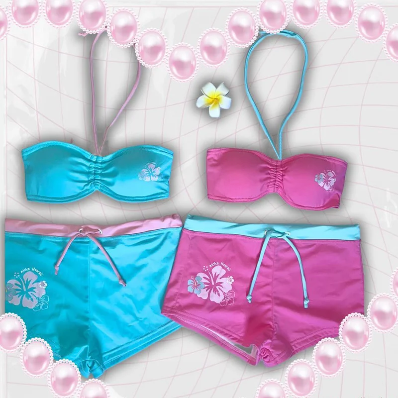 

Y2K women's Hawaiian floral bikini set with camisole, two-piece swimsuit, split, strapless, neck hanging, summer beachwear