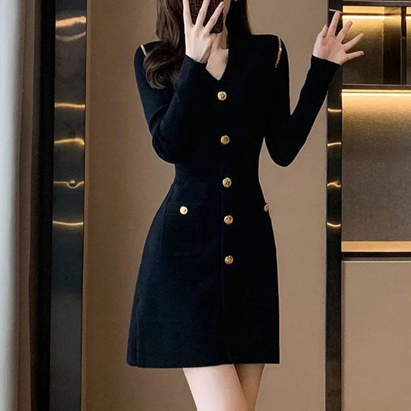 Spring Fashion Elegant Chic Chain Button Black Party Knitted Dresses Women V Neck Long Sleeve Slim Basic Mini Dress Clothes 2023