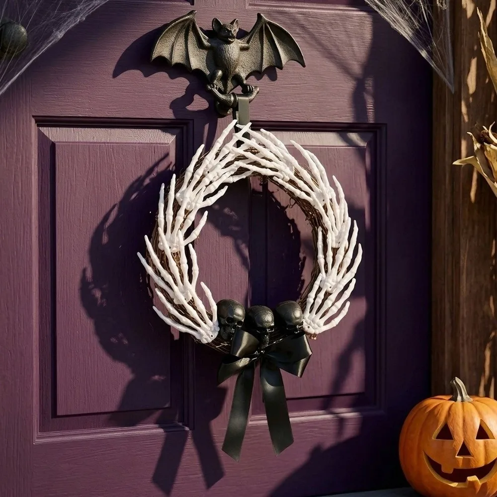 Dark Style Halloween Skeleton Hand Wreath Black Ribbon Black Bow Halloween Artificial Wreath White Bones Black Branch Wreaths