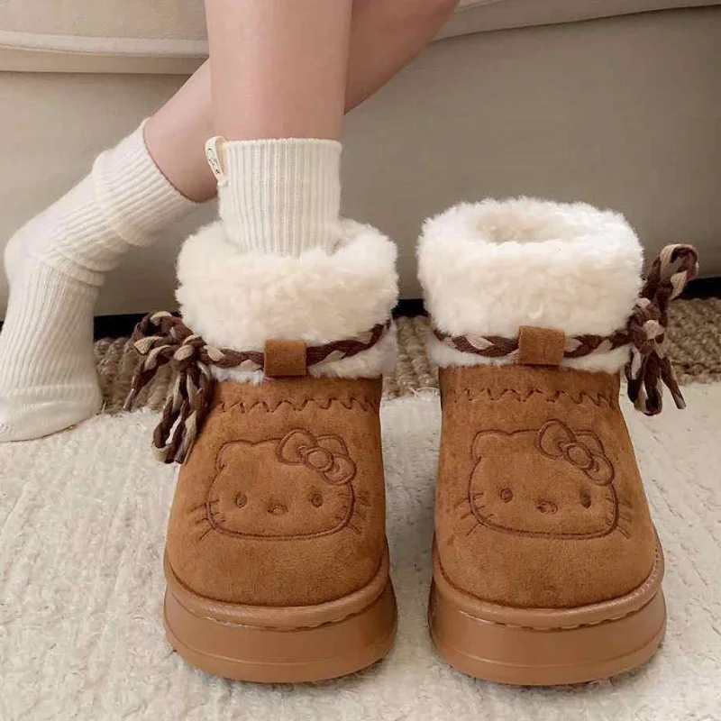 Hello Kitty Snow Boots Sanrio Winter Y2k Warm Cotton Shoes Cartoon Girl Outdoor Fashion Cute Thick Bottom Non Slip Short Boot