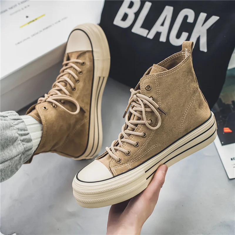 New Arrivals Fashion Brown Canvas Shoes For Men Platform Non-slip Men Vulcanized Shoes Lace-up Comfortable High Top Sneakers Man