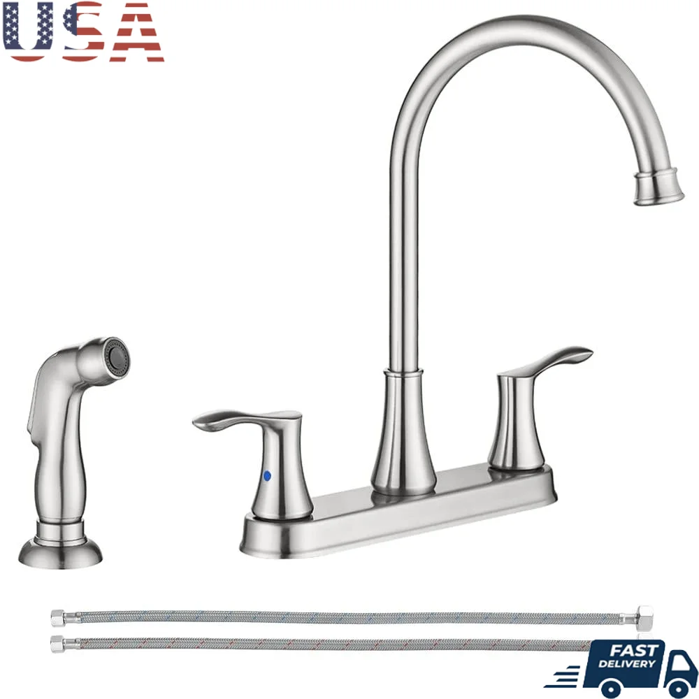 8 Inch High Arch Kitchen Sink Faucet with Side Sprayer & Supply Lines Brushed Nickel Ceramic Disc Cartridge Double Levers 360°