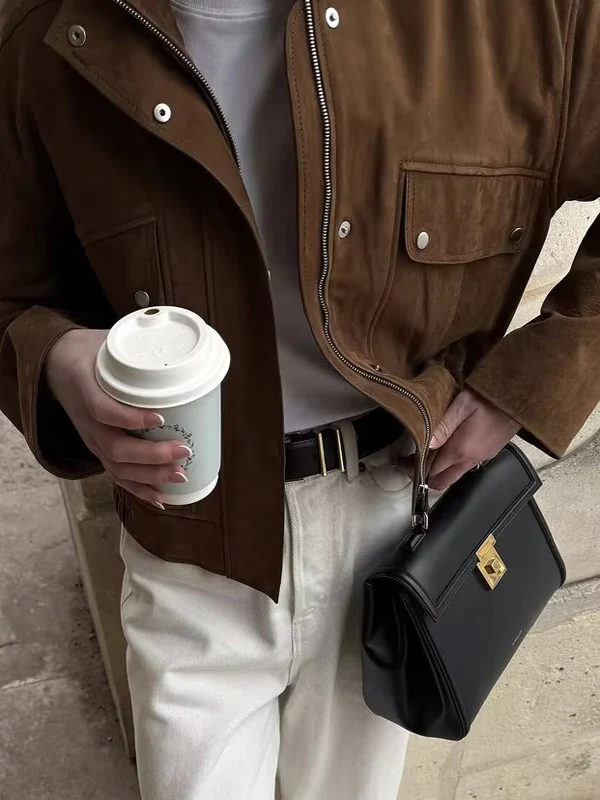 American Retro Deer Skin Velvet Jaet Women's ort Casual Motorcycle Jaet Top Loose Fit Regular Thin Spring Season