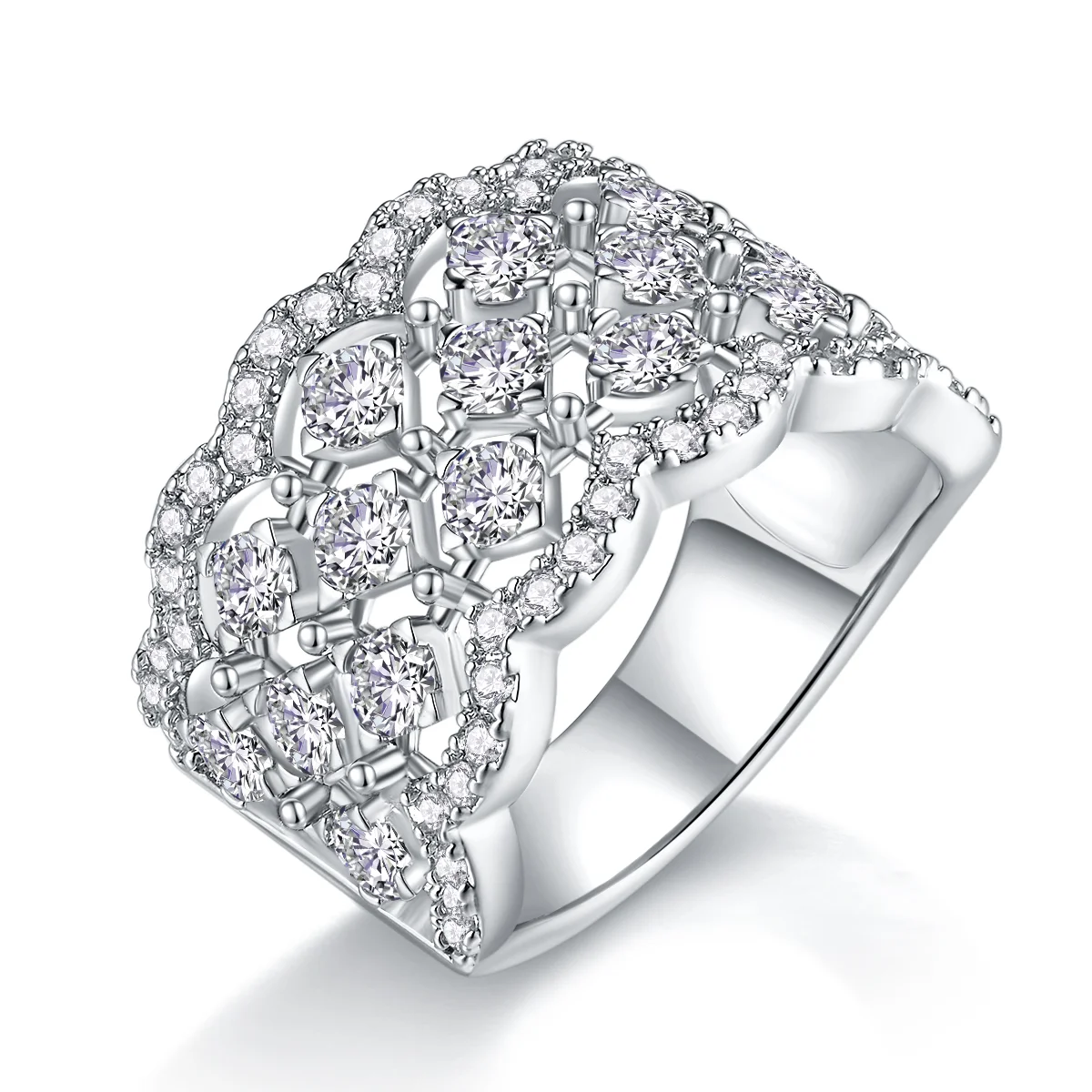 Elegant Multi-Row Moissanite Ring 925 Sterling Silver Sculptural Band Glam Fine Jewelry for Daily Special Occasions Anniversary