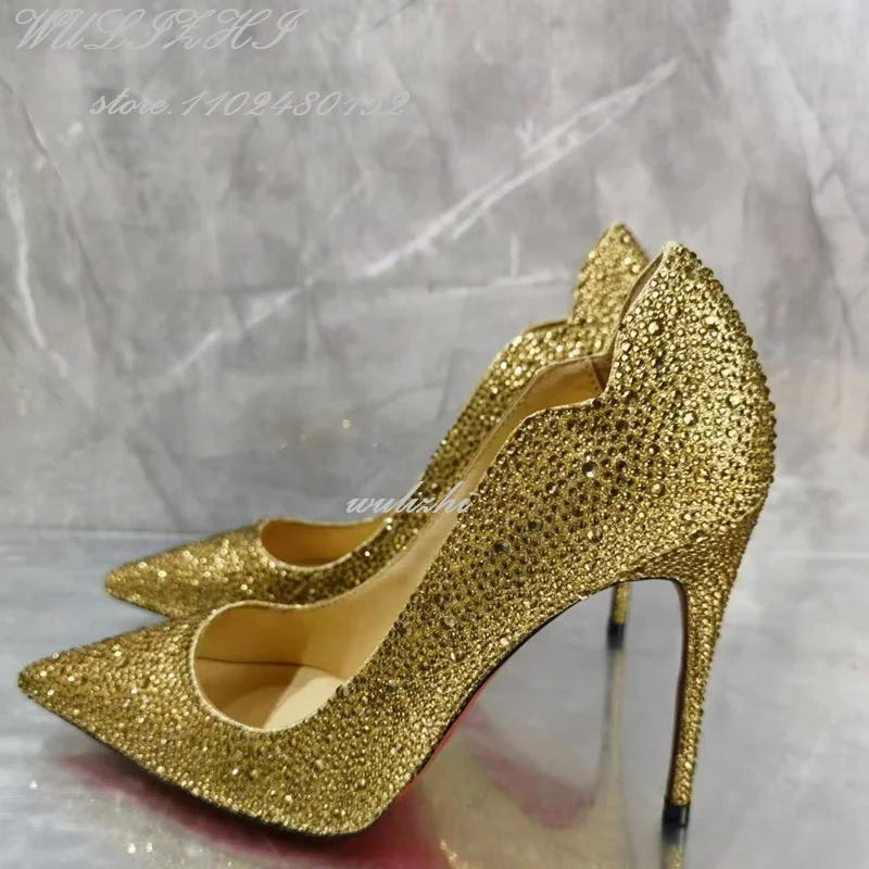 Décolleté rosso pieno di cristalli Donna Lusso Oro Tacchi con diamanti Sandali eleganti Scarpe da festa a punta con lato superficiale Scarpe vuote