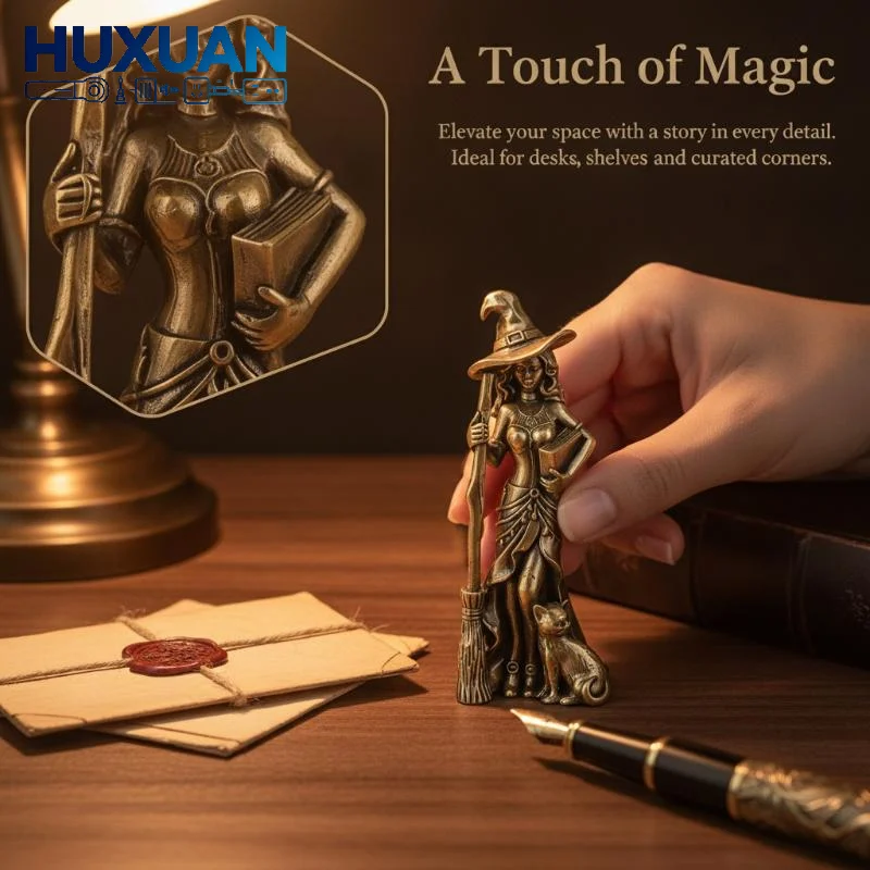 Antique Brass Witch Figurine Craft Mini Exquisite Vintage Witch Statue for Bedroom Desktop Altar Gothic Home Decoration