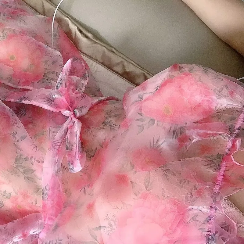 

Plus Size Rose Red See Through Couple Erotic Costume Glossy Organza Suspender Sexy Long Dress Silky Touch Ruffled with Sash Maxi