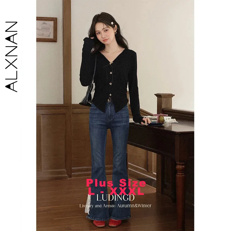 

ALXNAN футболка больших размеров с длинными рукавами, новый осенний женский вязаный пуловер с v-образным вырезом, неровный подол, однотонный утягивающий универсальный топ D12307