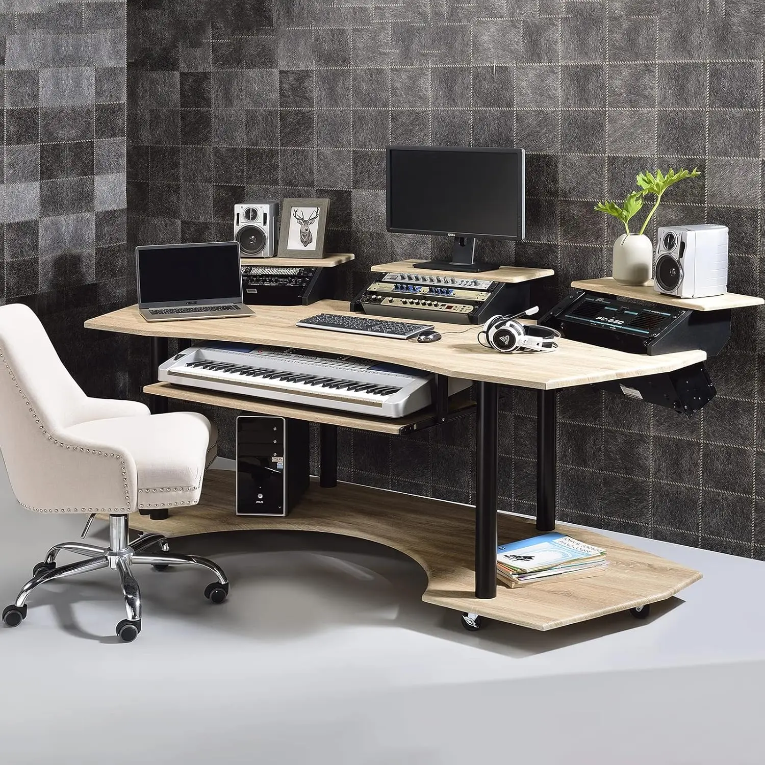 Wooden 4-Shelf Music Recording Studio Desk in Natural Oak  office furniture  desks