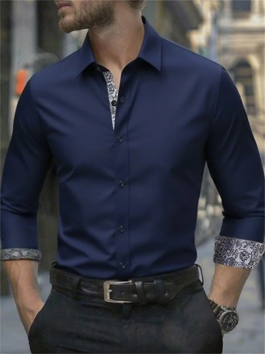 Men's long-sleeved casual shirt with new fashion design, solid color contrast color and elastic fabric for business and leisure