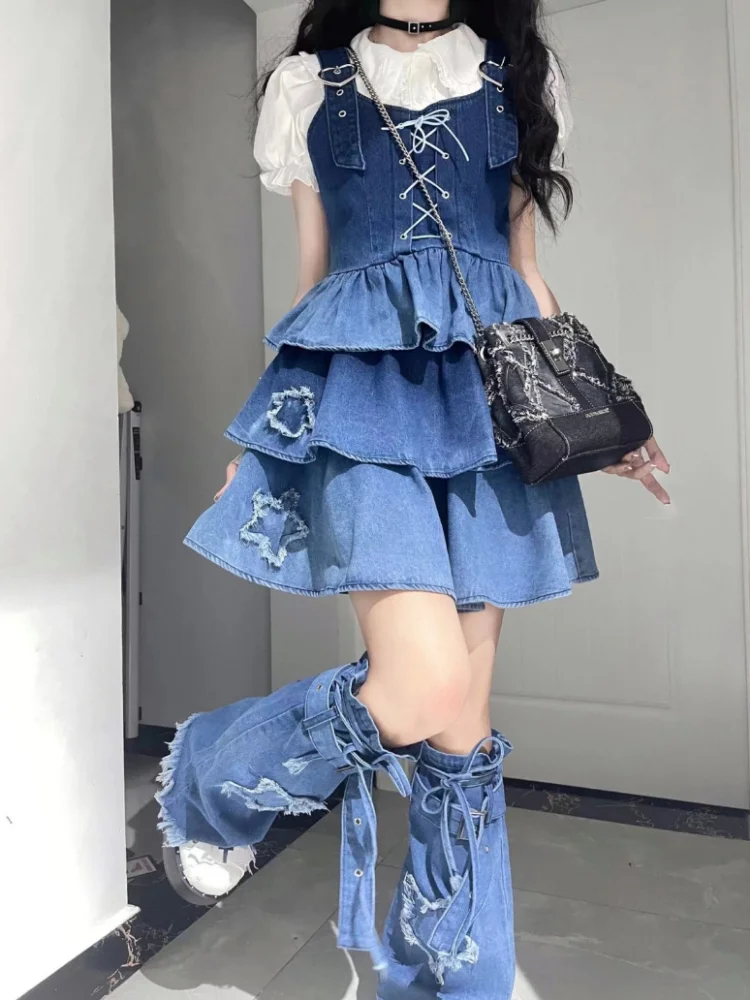 Hikigawa Chic Fashion Lace Women Blouse+Bandage Pleated Denim Dresses+All Match Star Leg Warmer Sweet Cool Y2k 3 Sets Ropa Mujer