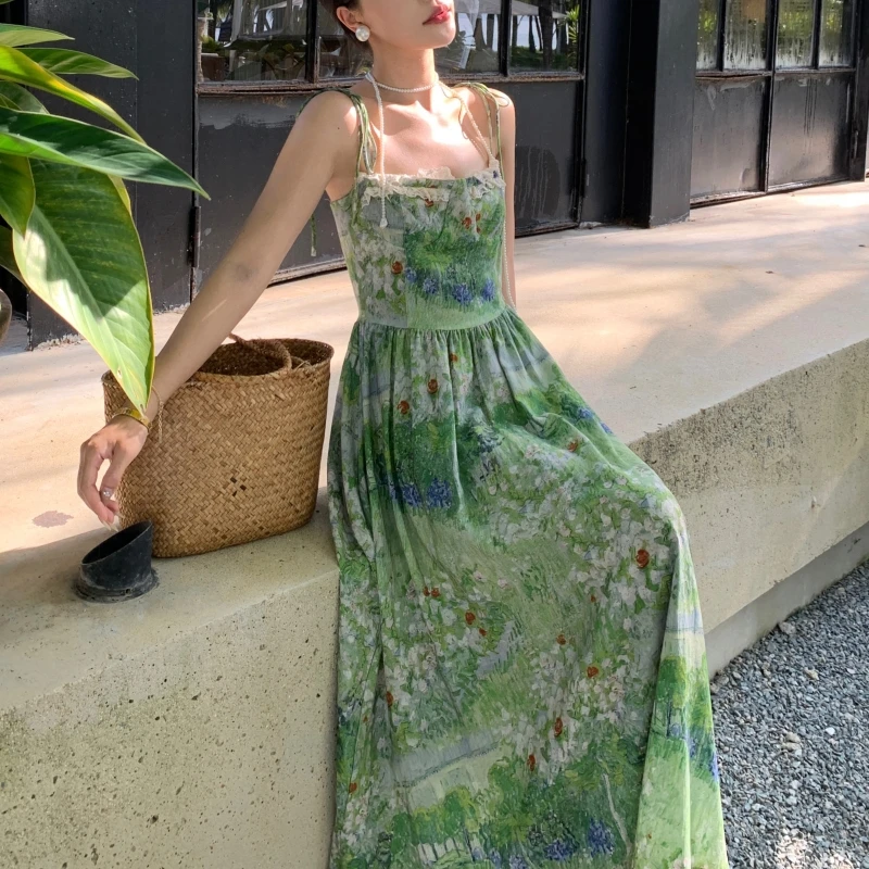 Urlaub Strand grüne Blume Chiffon Sommer Maxi kleid Boho Frauen sexy Spaghetti träger Spitze Rüschen drucken rücken frei schlank langes Kleid