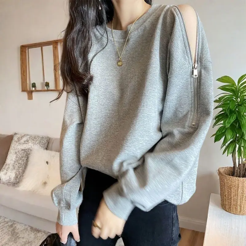 سويت شيرت رمادي بدون أكتاف للنساء للربيع والخريف بتصميم سحاب رفيع وفضفاض ورقبة دائرية #1