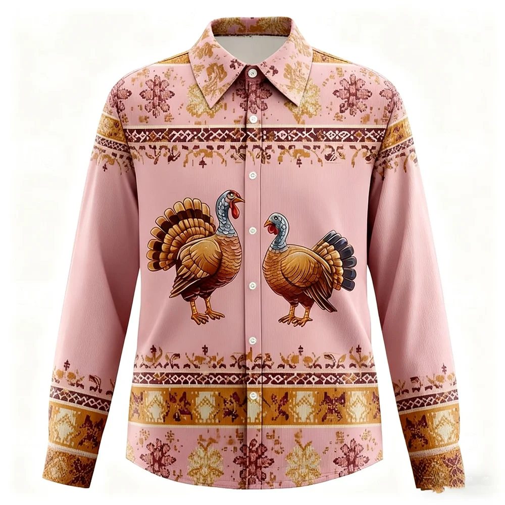 Men's Women's Bird Pattern Long Sleeve Shirts Fashion Cool Vintage Style Button Lapel Shirt Loose Comfortable Christmas Clothing