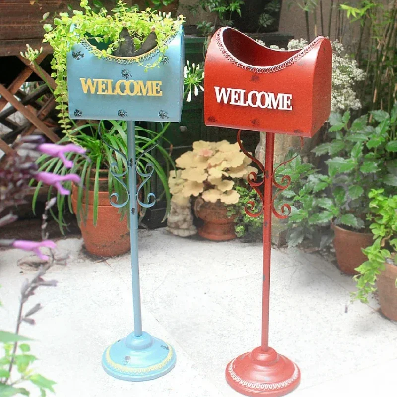 Floor Flower Pot Holder Vintage Iron Mailbox Rack Multifunctional Balcony Stand Courtyard Decorative Plant Shelf Elegant Plant